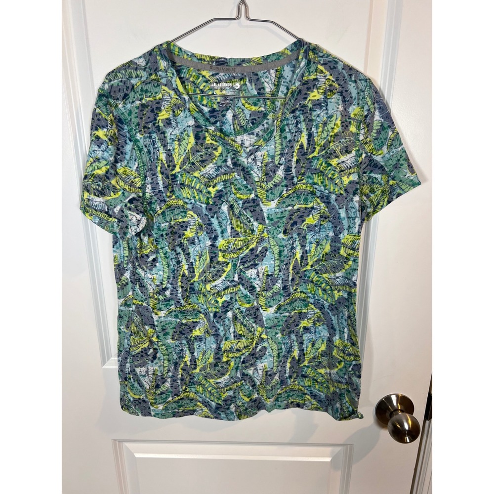 Reel Legends Womens T-Shirt Tropical Leaf Performance Print Green Large